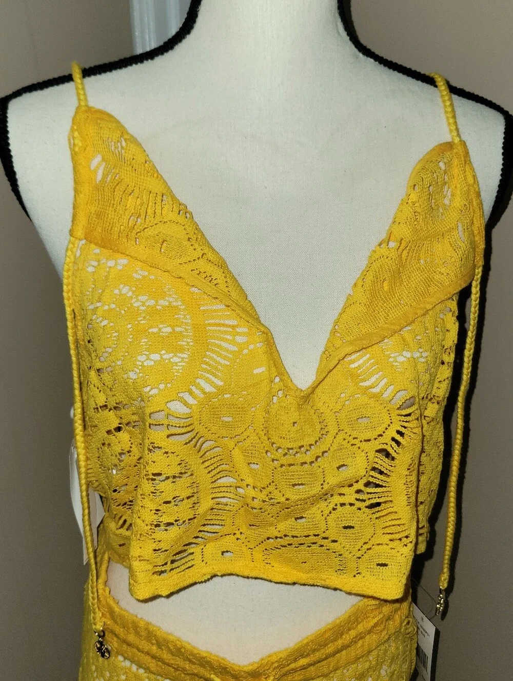 Yellow Crochet Lace Swim Coverup Set - Crochet Slitted Pants & Crop Top